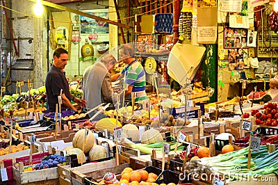 Green grocers in La Vucciria, the famous Market, Palermo Sicily, Italy Editorial Stock Photo